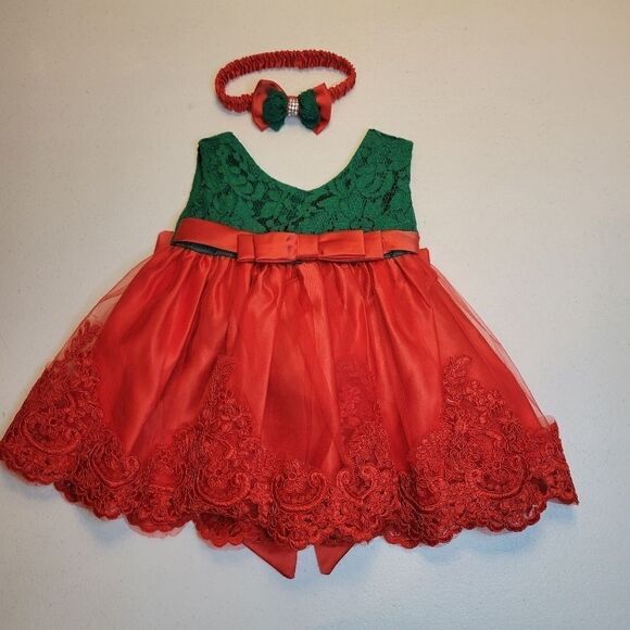 Red and Green Formal Christmas Dress Matching Headband Lace Bow - Picture 7 of 12